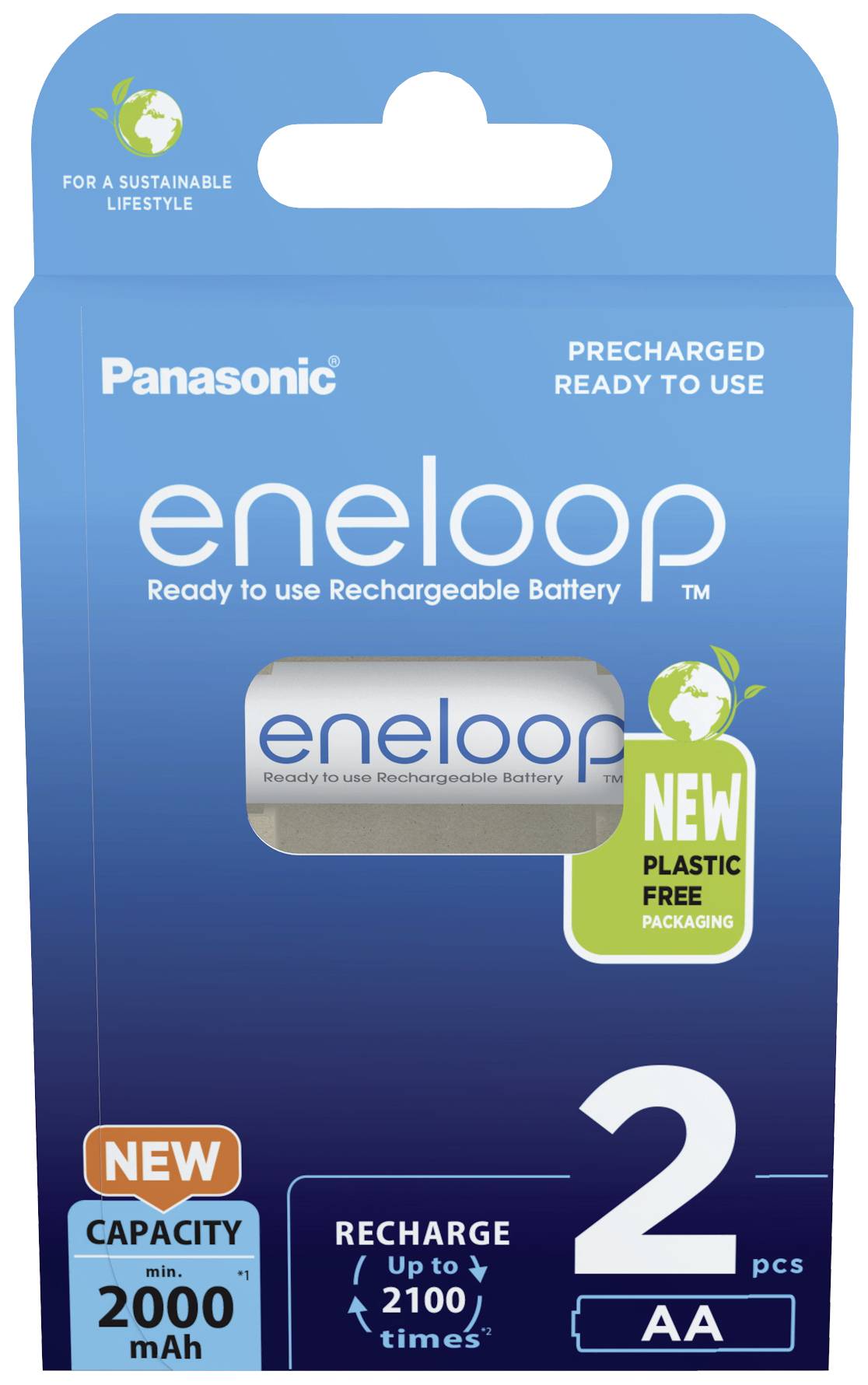 Verpackung von wiederaufladbaren Panasonic Eneloop AA-Batterien, Kapazität 2000mAh, bis zu 210 Ladezyklen, plastikfreie Verpackung.