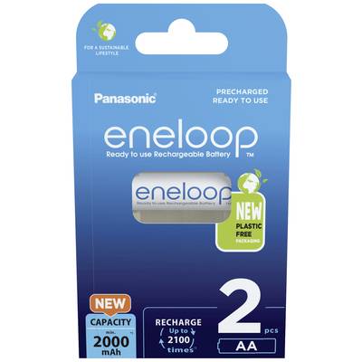 Verpackung von wiederaufladbaren Panasonic Eneloop AA-Batterien, Kapazität 2000mAh, bis zu 210 Ladezyklen, plastikfreie Verpackung.