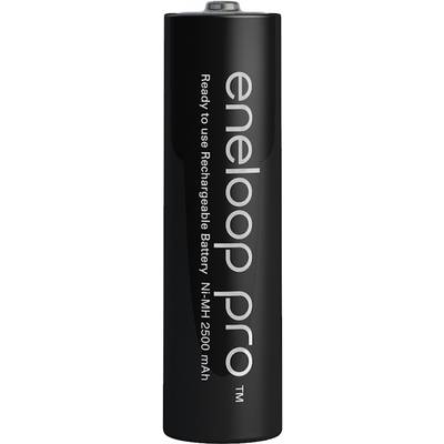 Eine schwarze AA-Batterie mit der Aufschrift 'eneloop pro', aufladbar, Ni-MH 2500 mAh Kapazität.
