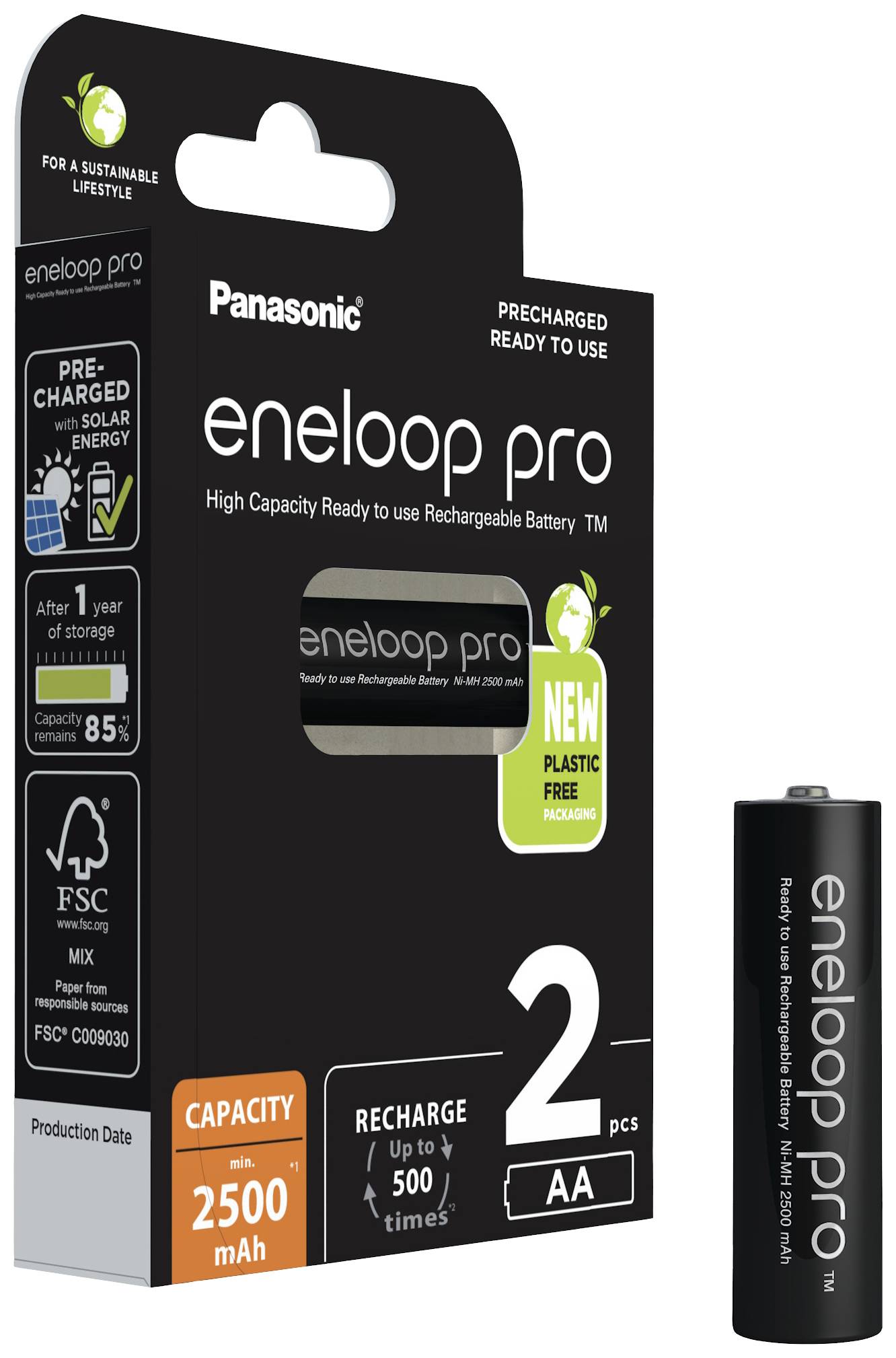 AA-Batterien von Panasonic in schwarzer Verpackung mit dem Hinweis 'Neue plastikfreie Verpackung', Kapazität 2500 mAh.