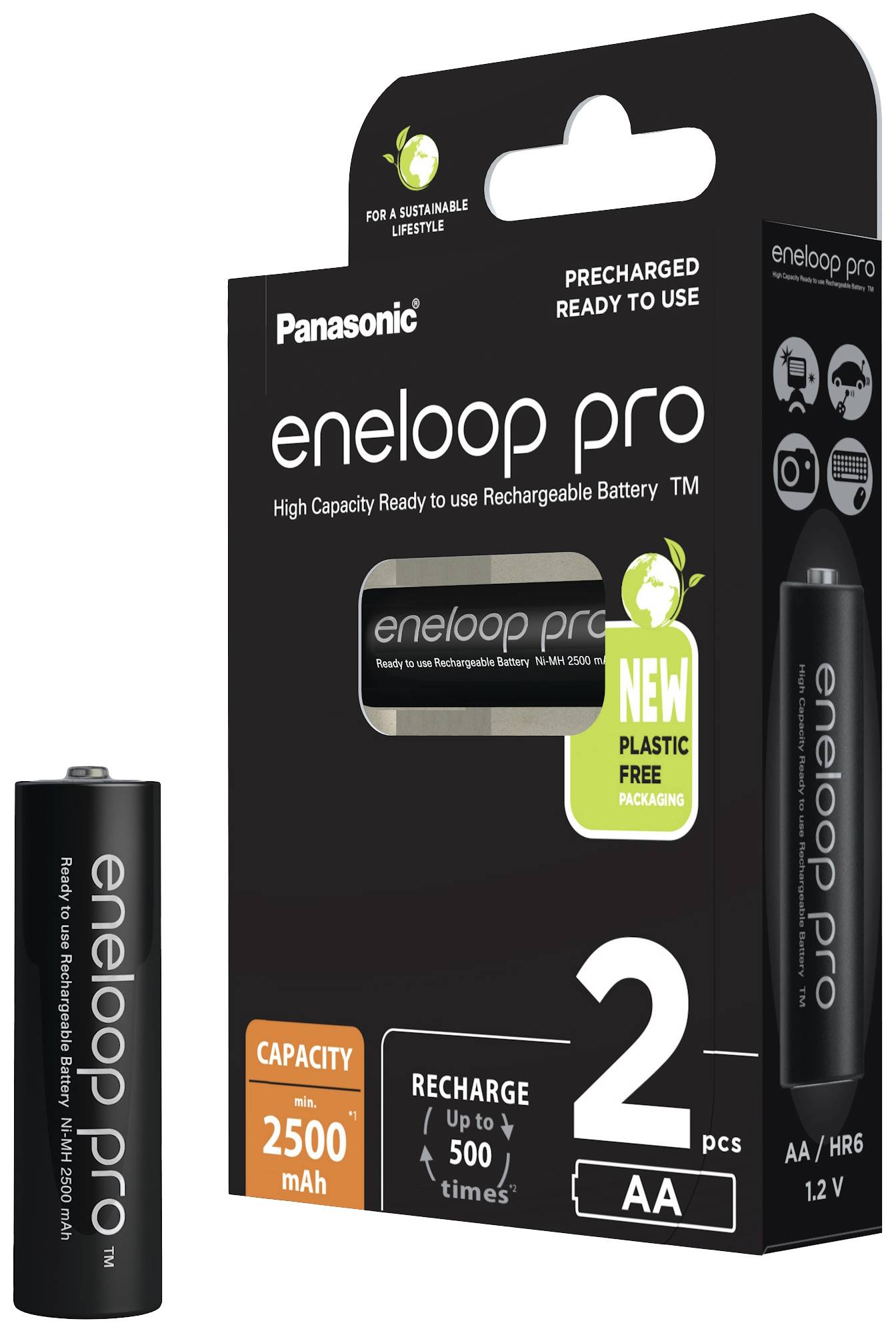 Verpackung von Panasonic eneloop pro Akkus, zwei Stück, AA 2500 mAh, vorgeladen und bis zu 500 Mal wiederaufladbar.