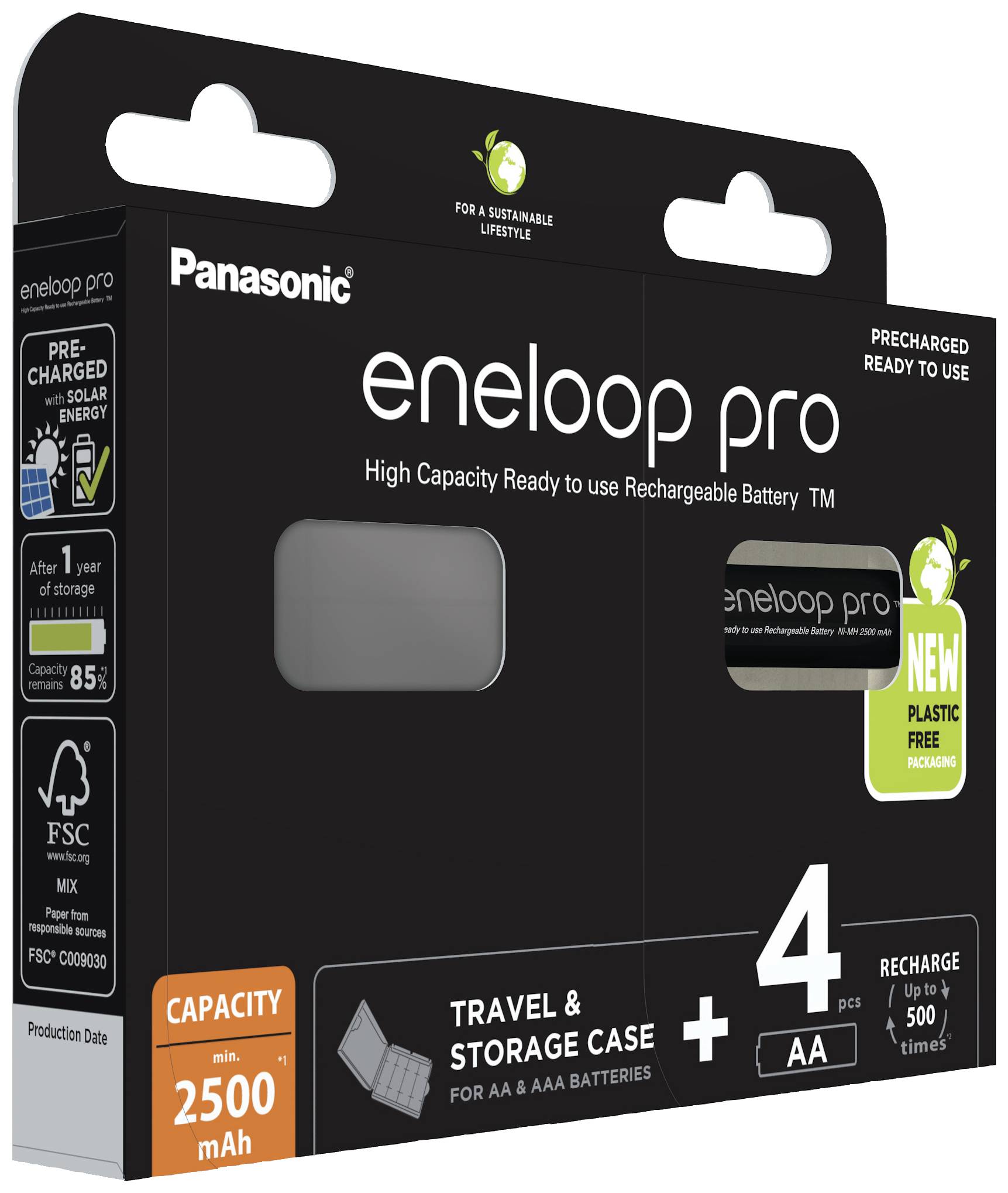 Verpackung von Panasonic eneloop pro Batterien, vier AA-Akkus, 2500 mAh, mit Reise- und Aufbewahrungsbox, umweltfreundliche Materialien.