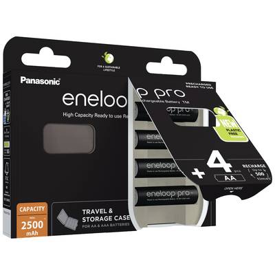 'Panasonic eneloop pro' Akkus in einer Verpackung mit 4 AA-Batterien, Kapazität 2500 mAh, inklusive Reise- und Aufbewahrungsetui.