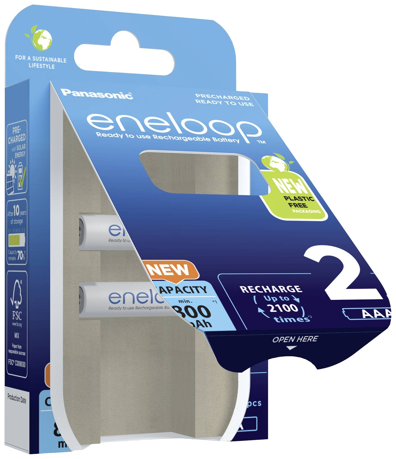 Verpackung von Panasonic Eneloop-Batterien, zeigt zwei AA-Akkus mit 2000 mAh Kapazität. Aufdruk: 'Wiederaufladbar bis zu 2100 Mal'. Umweltfreundliche Verpackung.