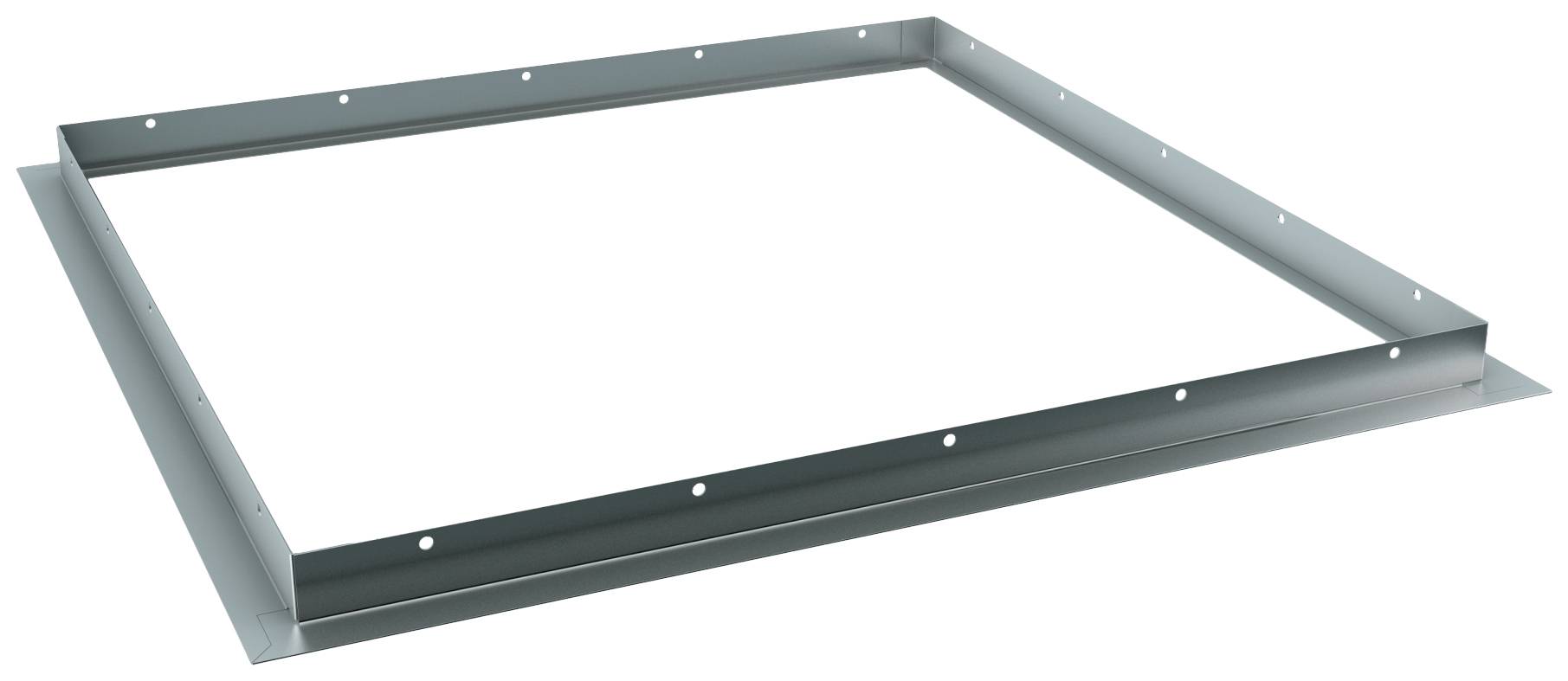 Metallrahmen in quadratischer Form mit kleinen Löchern entlang der Ränder, möglicherweise als Montagerahmen verwendet.