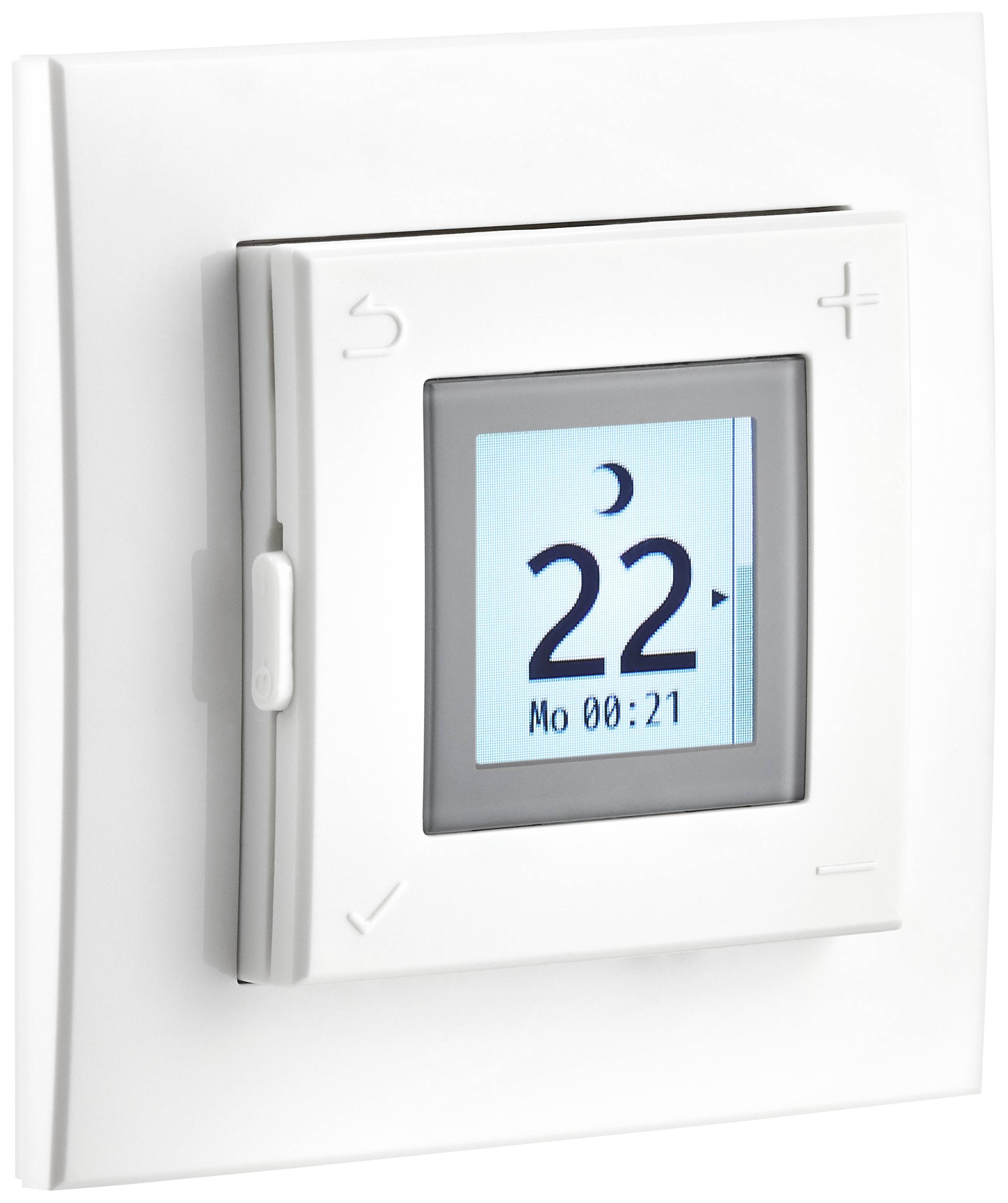 Ein digitaler Raumthermostat mit Display zeigt 22 Grad Celsius an. Ein Mondsymbol deutet Nachtmodus an, Montag, 00:21 Uhr.