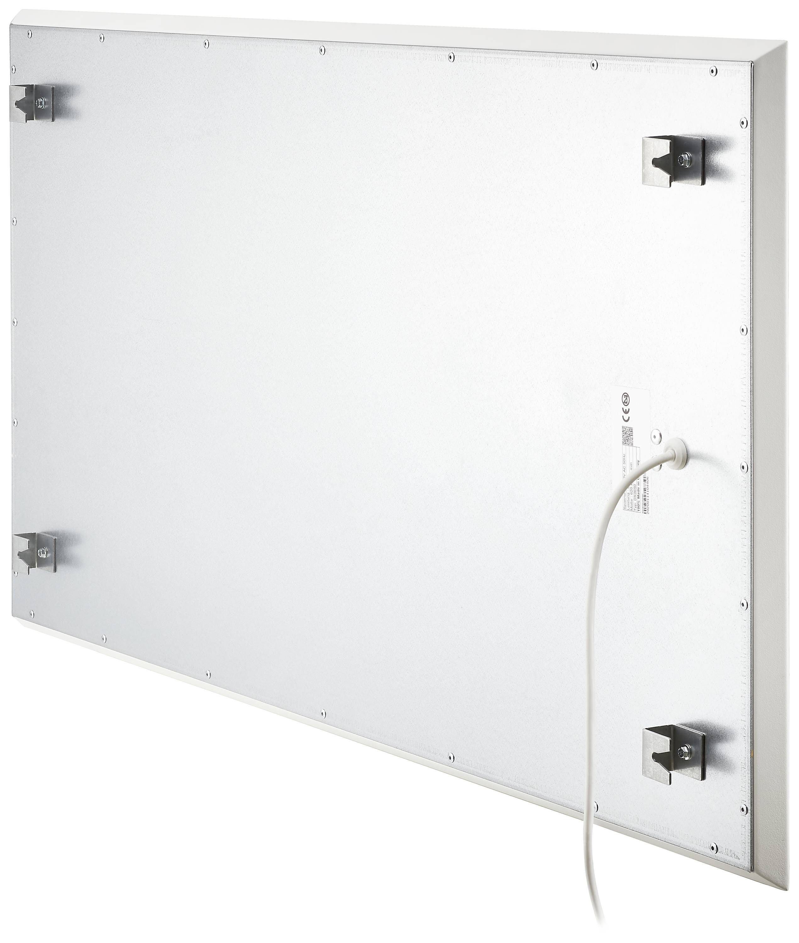 Ein weißer Infrarot-Heizkörper mit Metallklammern an den Ecken und einem Stromkabel zur Befestigung an der Wand.
