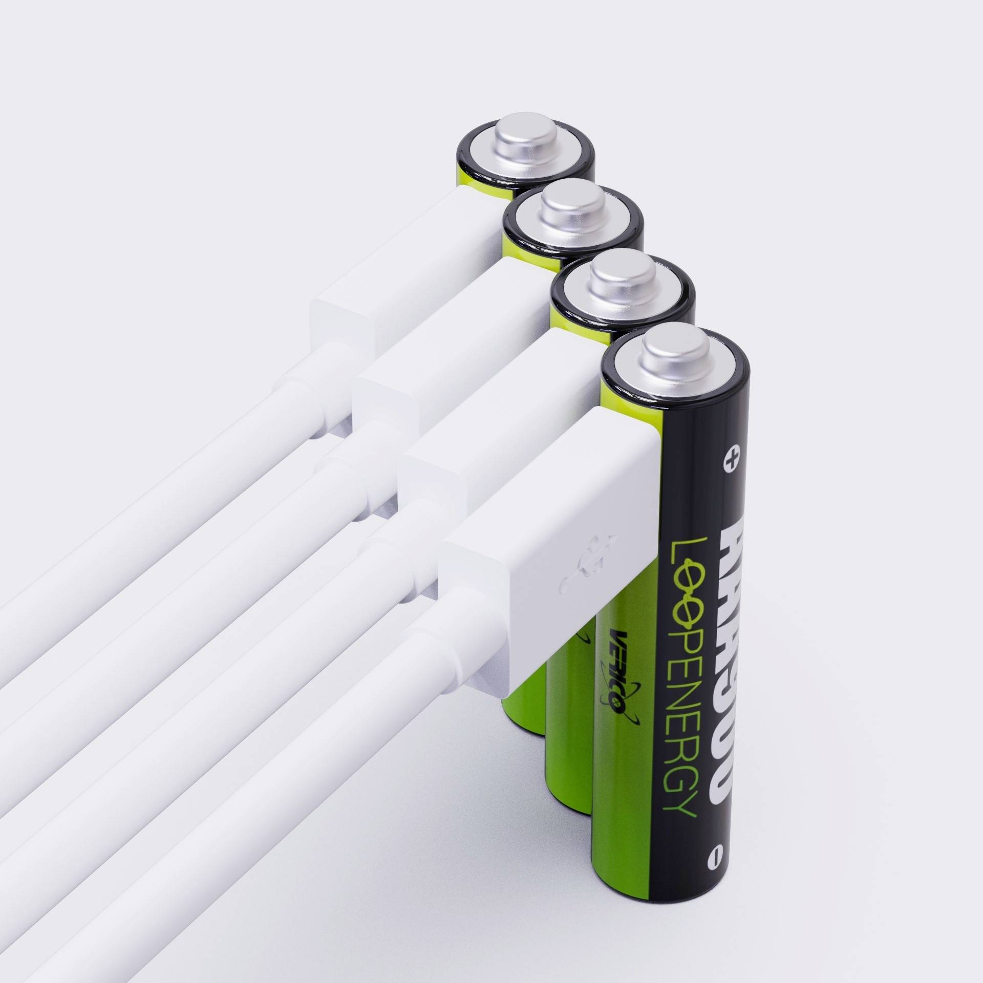 Vier grüne AA-Batterien sind mit weißen USB-Kabeln verbunden. Es zeigt eine innovative Energiequelle, die Strom liefert.