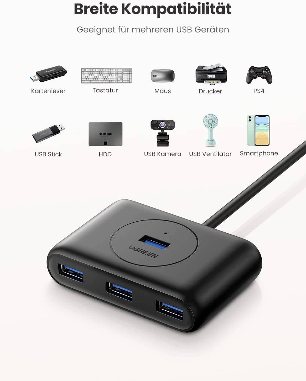 Ugreen USB 3.2 Gen 1 HUB 4x USB Verteiler Super Speed Adapter USB-HUB schwarz-6