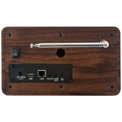 Rückseite eines Holzradios mit Antenne. Enthält Netzschalter, USB-Anschluss, LAN-Port, AUX IN, LINE OUT und Kopfhörerbuchse.