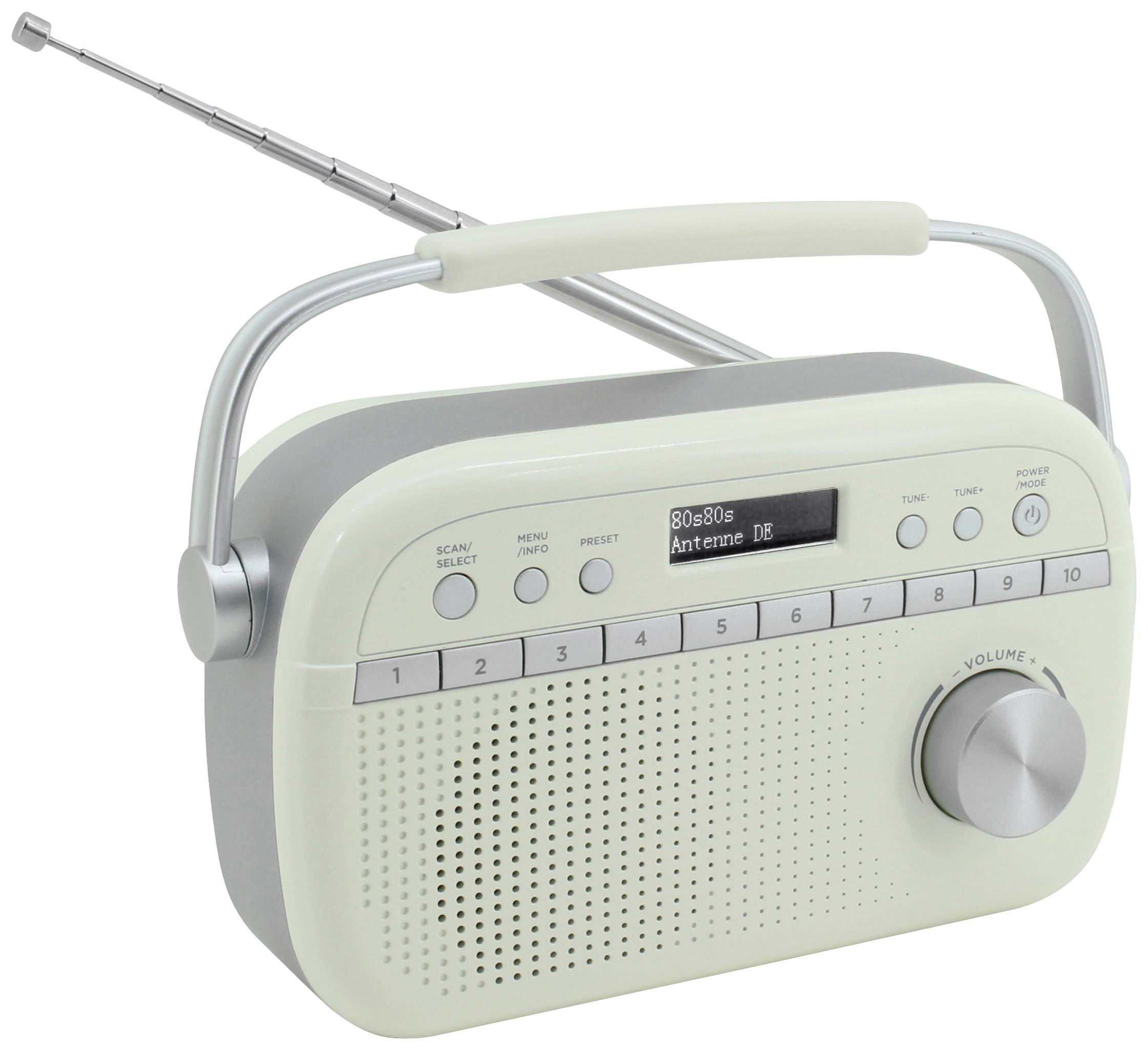 Ein tragbares Retro-Radio mit Antenne, Lautstärkeregler und Voreinstellungstasten. Anzeigenfeld zeigt '80s80s' und 'Antenne DE'.