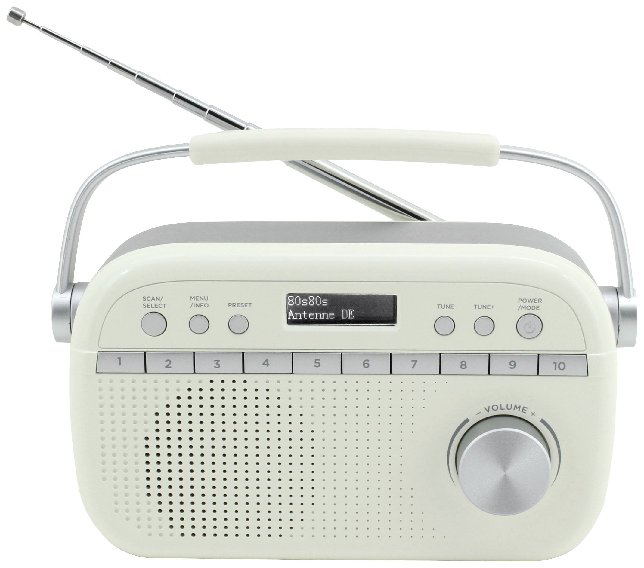 Tragbares weißes Retro-Radio mit Auswahltasten, Drehregler und Antenne auf der Oberseite; Display zeigt '80s80s Antenne DE'.