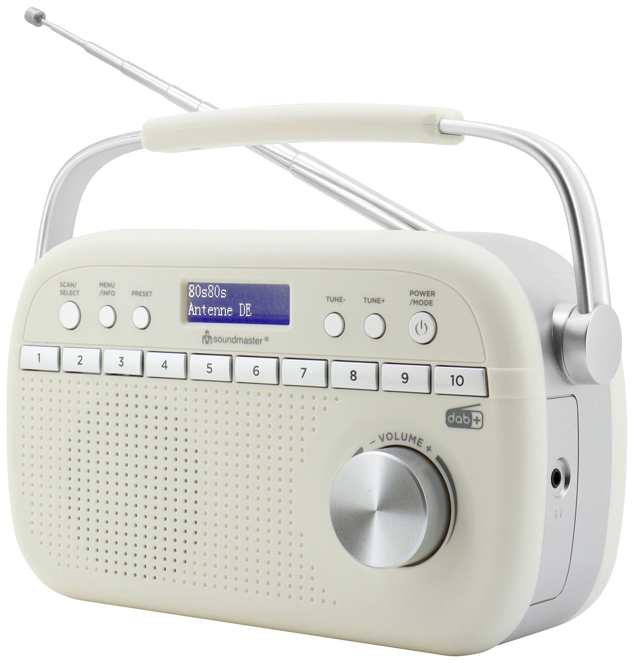 Ein tragbares Radio mit Tasten für Senderwahl, Lautstärkeregler und Display, das '80s 80s Antenne DE' anzeigt.
