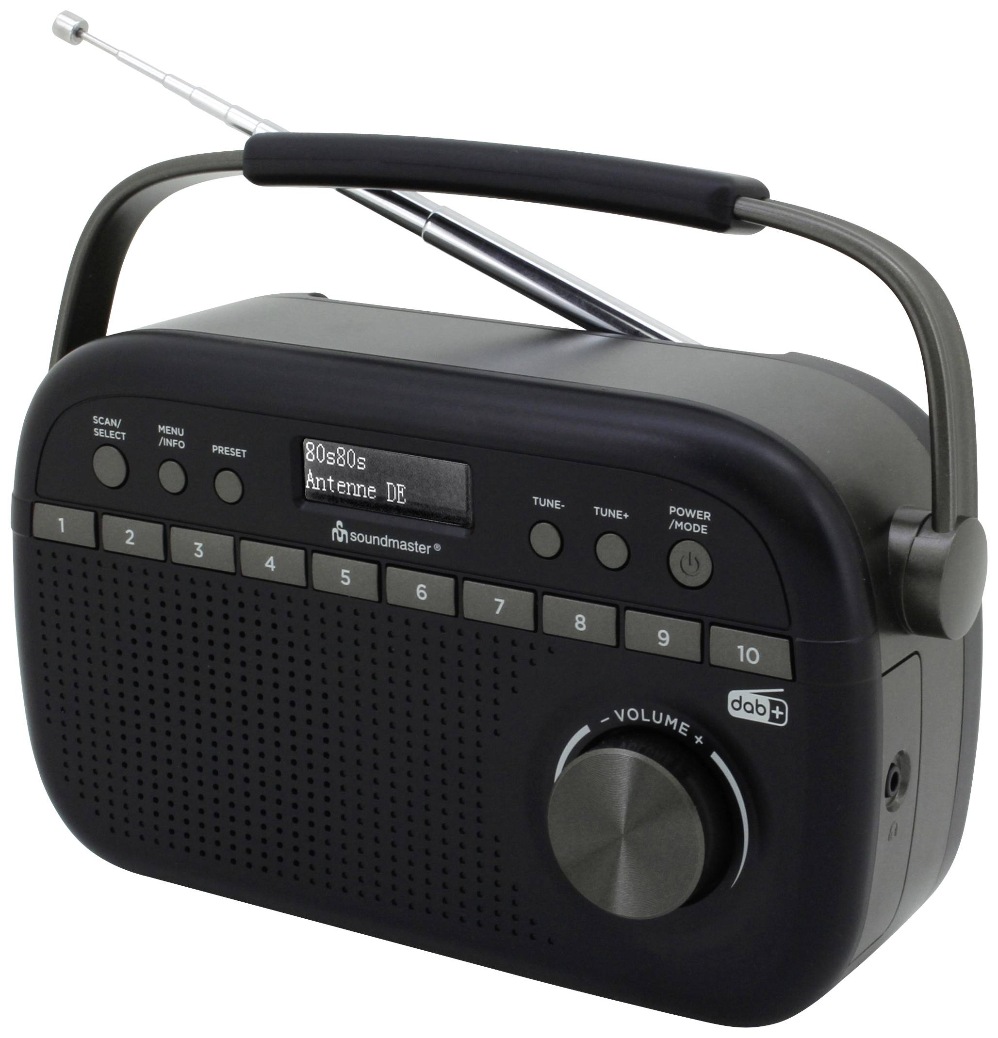 Ein tragbares Radio mit Antenne und digitalen Knöpfen. Zeigt '80s/80s Antenne DE' auf dem Display an. Großer Lautstärkeregler vorn.