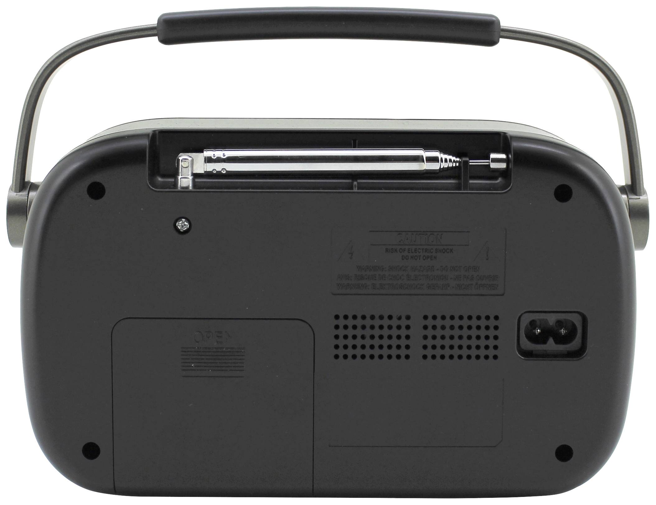 Rückseite eines tragbaren Radios mit Batteriefach und Netzkabelanschluss. Abnehmbarer Griff oben. Keine Batterien eingesetzt.