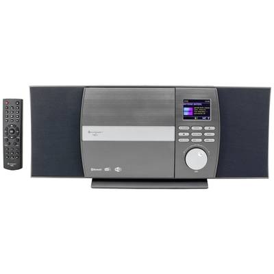 Ein modernes Musiksystem mit Lautsprechern und einem Farbdisplay in der Mitte. Rechts daneben liegt eine Fernbedienung.