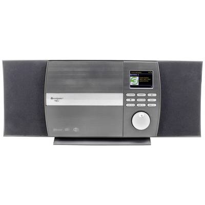 Ein silbernes Radio mit Display und mehreren Tasten. Auf dem Display wird ein Radiosender mit Logo angezeigt.