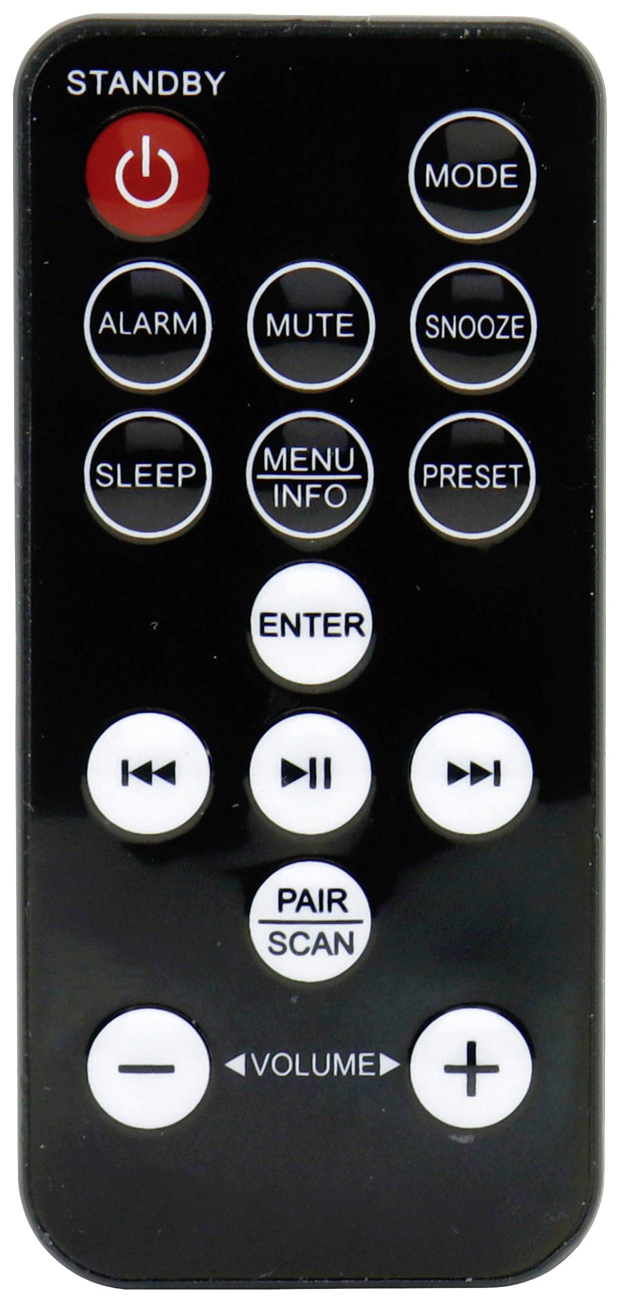 Schwarze Fernbedienung mit Tasten für 'Standby', 'Alarm', 'Mute', 'Snooze', 'Sleep', 'Enter', 'Pair Scan', 'Volume' und Wiedergabesteuerung.