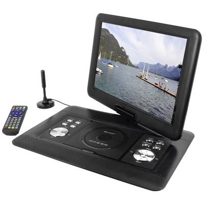 Ein tragbarer DVD-Player mit Bildschirm zeigt ein Bild von Segelbooten auf einem See vor einer Berglandschaft. Daneben eine Fernbedienung und eine Antenne.