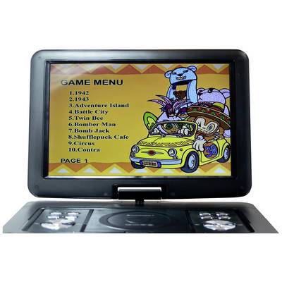 Tragbarer DVD-Player mit Display, das ein Spielemenü zeigt. Auflistung von 10 Spielenamen, darunter '1942', 'Circus' und 'Contra'.