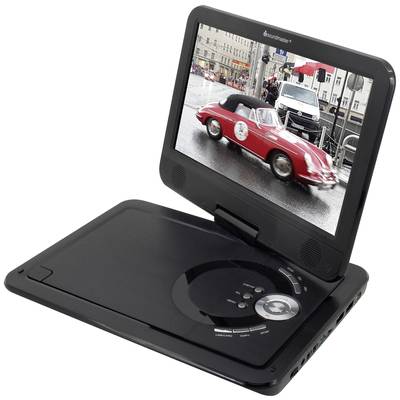 Tragbarer DVD-Player mit geöffnetem Bildschirm. Auf dem Display ist ein rotes Oldtimer-Auto bei einem Straßenlauf zu sehen.