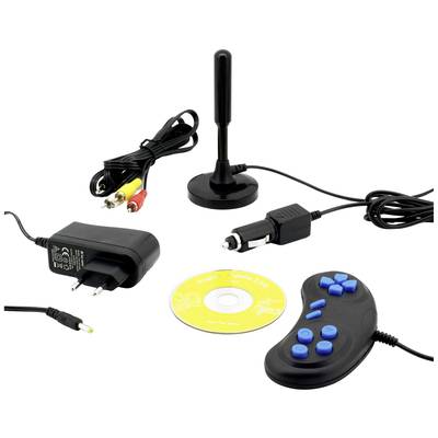 Gerät mit Fernsehempfänger, Fernbedienung, Antenne, Netzadapter, Auto-Ladegerät, A/V-Kabel und Software-CD.