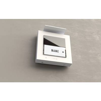 Ein weißer Lichtschalter an einer Wand mit einer spiegelnden Oberfläche und der Aufschrift 'NAME'.