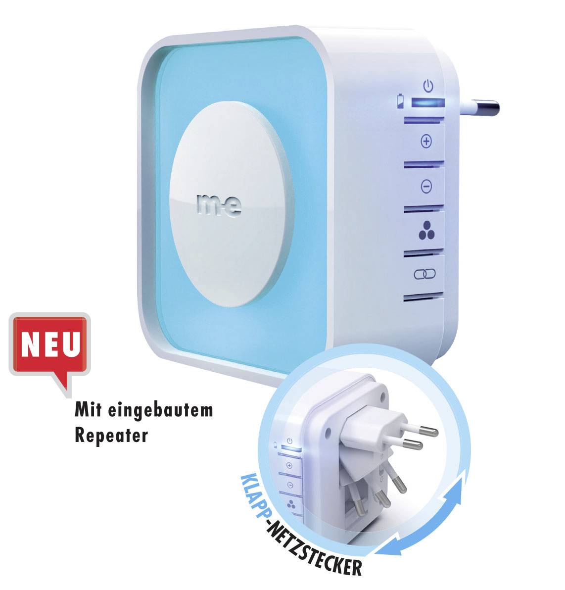 Ein blauer WLAN-Repeater mit weißem Kreis und 'me' in der Mitte. Text: 'NEU Mit eingebautem Repeater'. Zeigt klappbaren Netzstecker.