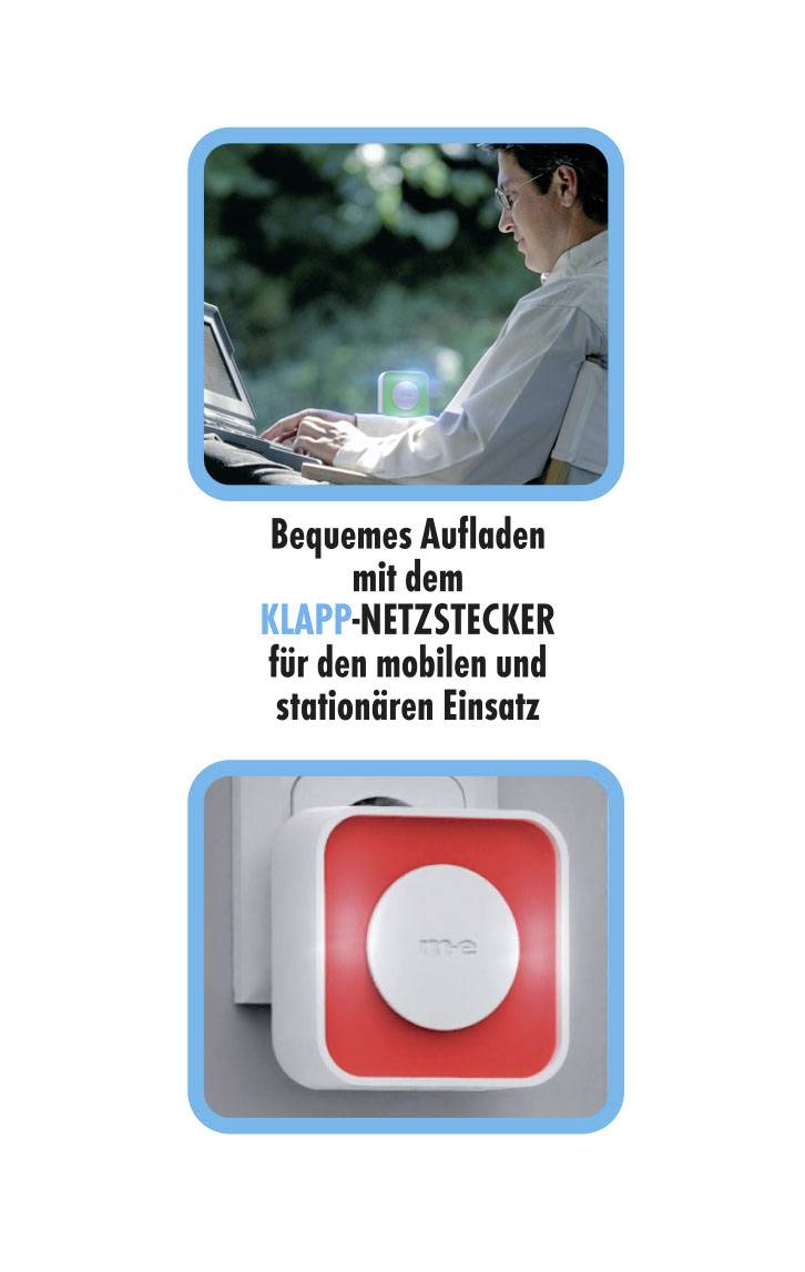Person am Laptop, darüber Text: 'Bequemes Aufladen mit dem Klapp-Netzstecker für den mobilen und stationären Einsatz', darunter Steckerladegerät.