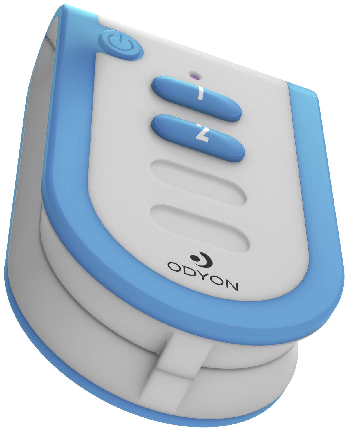 Ein blau-weißes, tragbares Gerät von Odyon mit drei Tasten. Es scheint ein medizinisches oder technisches Gerät zu sein.