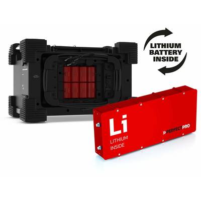 Schwarzes Gerät mit rotem Lithium-Ionen-Akku, daneben Text 'Lithium Battery Inside', deutet auf interne Batterie hin.