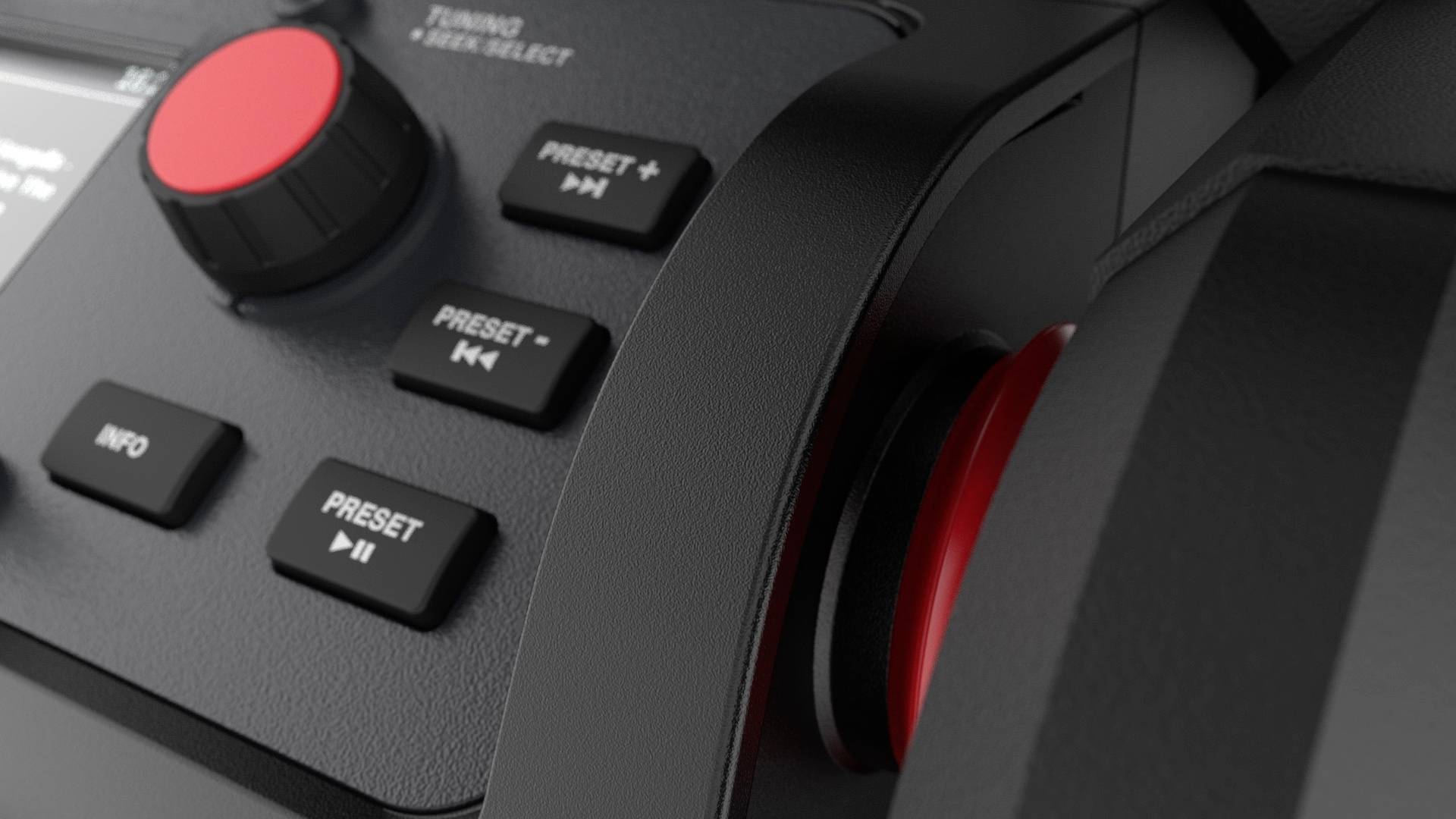 Nahaufnahme eines elektronischen Bedienfelds mit mehreren Knöpfen und Drehregler. Ein roter Knopf und weitere schwarze Tasten sind sichtbar.