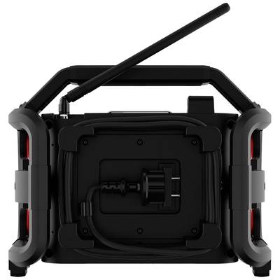 Ein tragbares, quadratisches Gerät mit Antenne und Netzstecker auf der Rückseite. Robust gestaltet, ideal für den Outdoor-Einsatz.