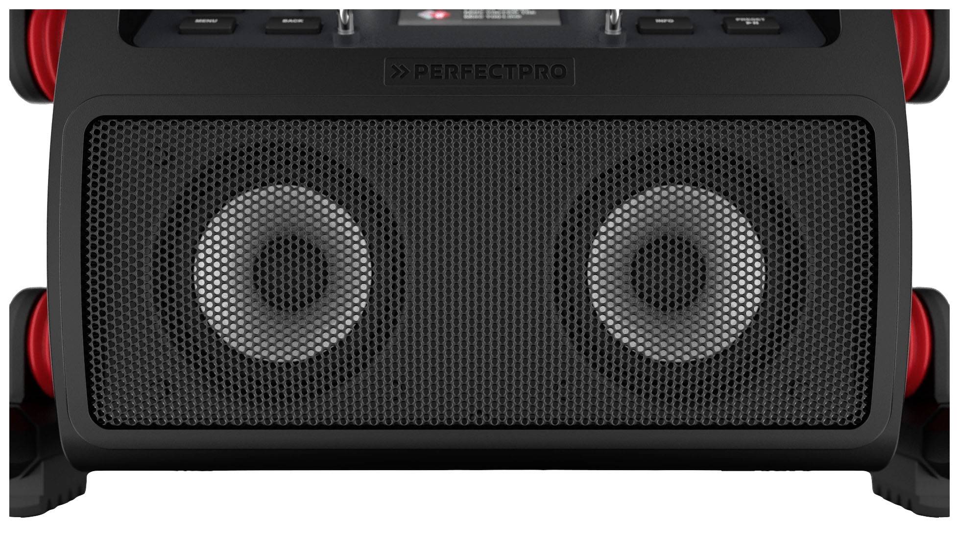 Tragbarer Lautsprecher mit robustem schwarzen Gehäuse und zwei sichtbaren Lautsprecherringen, geeignet für Outdoor-Veranstaltungen.