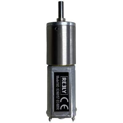 Ein kleiner Elektromotor mit Etikett zeigt Modellnummer 'DC47GN-210RH'. Metallgehäuse und schwarze Abdeckung mit Aufschrift 'RELY' und CE-Zeichen.
