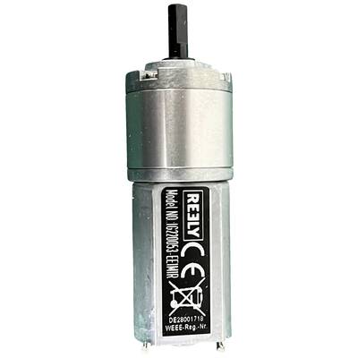 Metallisches Getriebemotor-Modul mit schwarzer Welle oben und Etikett mit Modellinformationen und CE-Zertifizierung.