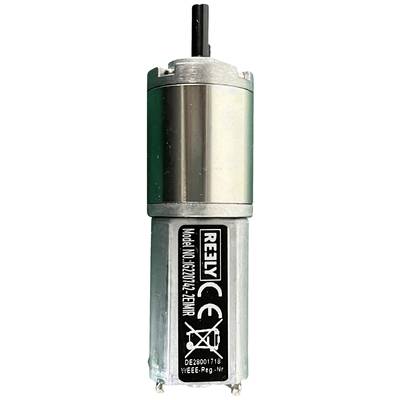 Kleiner Elektromotor mit Metallgehäuse und schwarzem Etikett mit CE-Kennzeichnung.