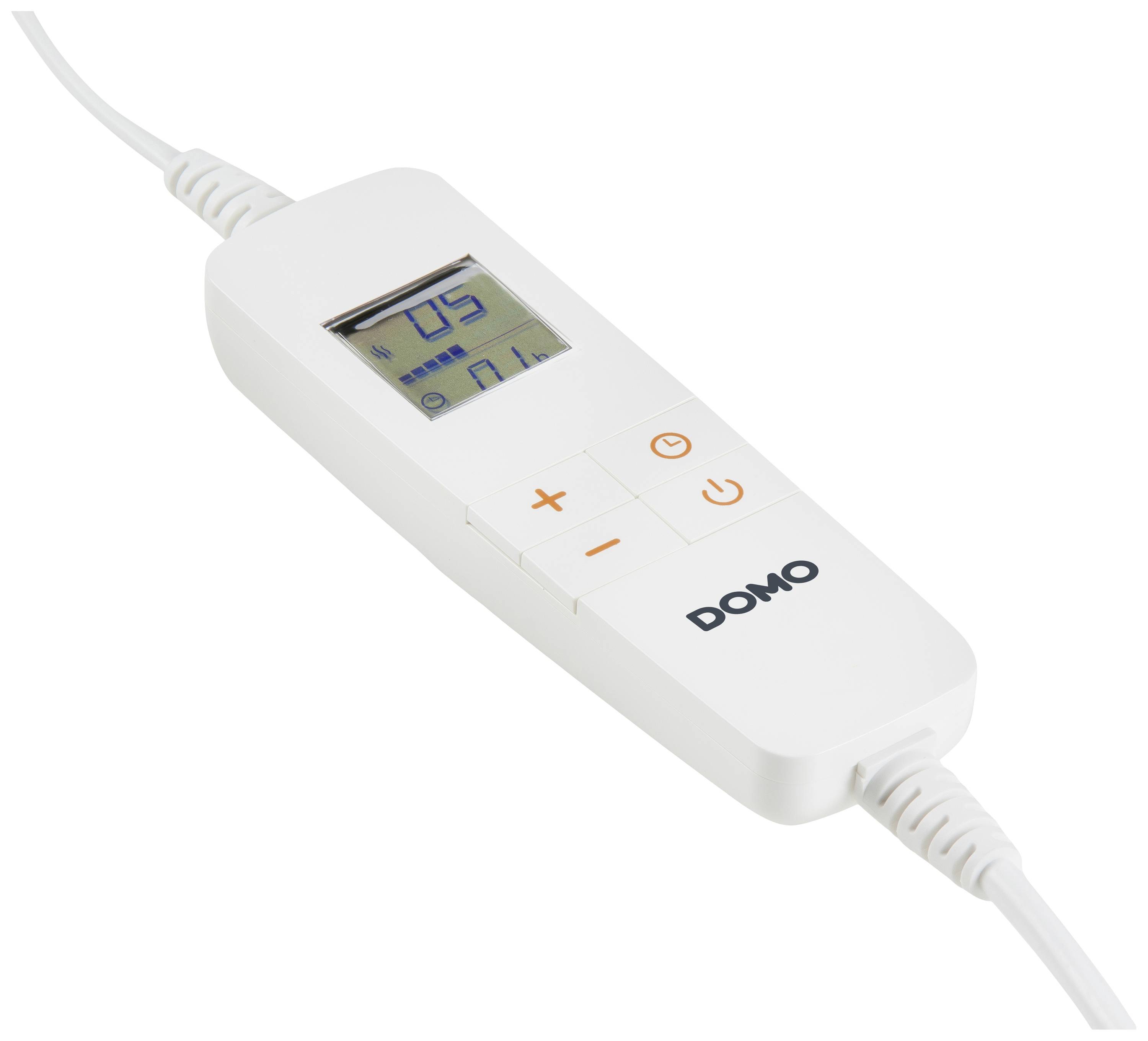 Weiße Fernbedienung mit Display und Tasten für Plus, Minus, Power und Timer. Marke 'DOMO' darunter abgebildet.