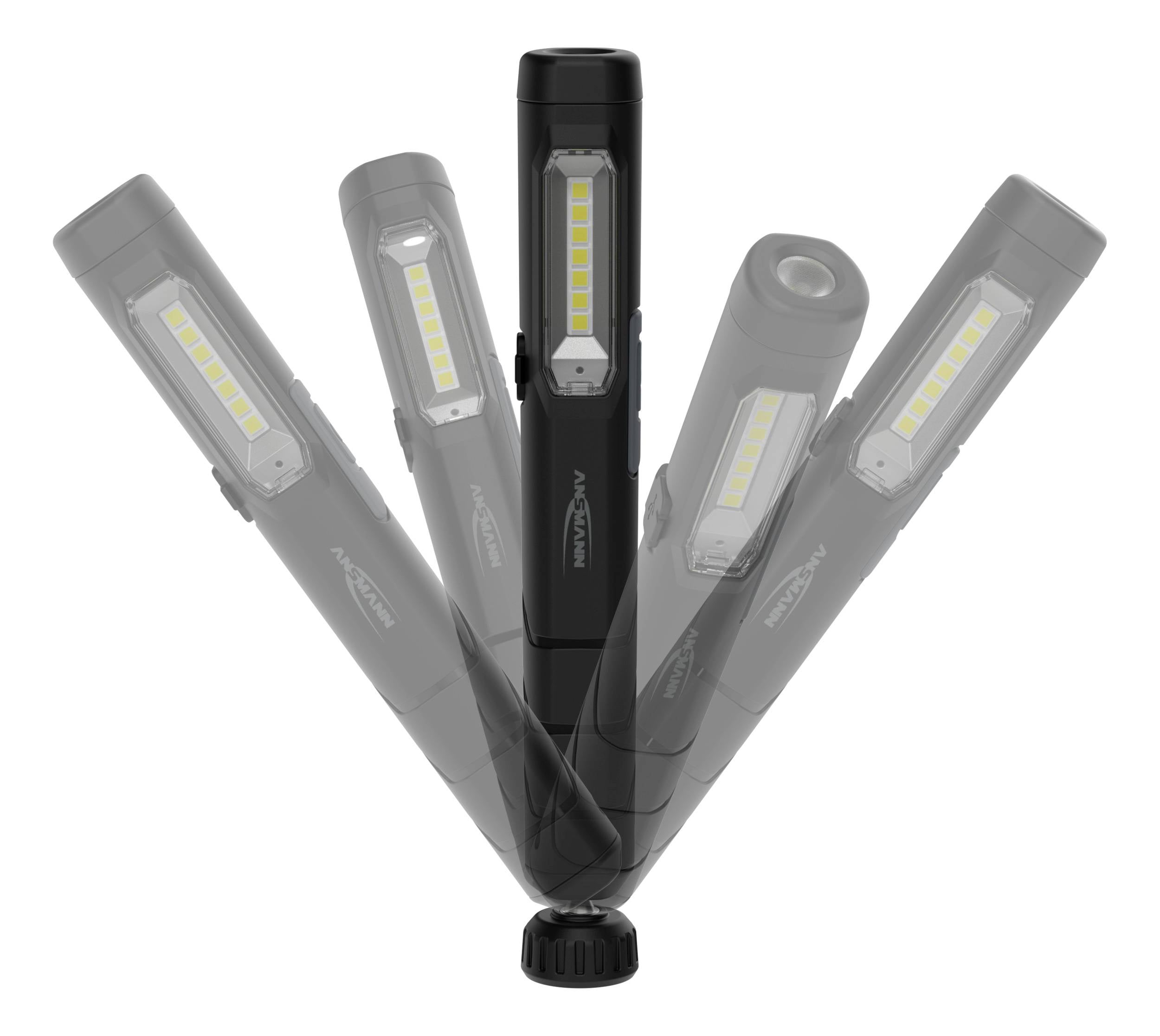 Eine schwarze Taschenlampe mit LED-Leuchte zeigt ihre flexible Verstellbarkeit in mehrere Richtungen.