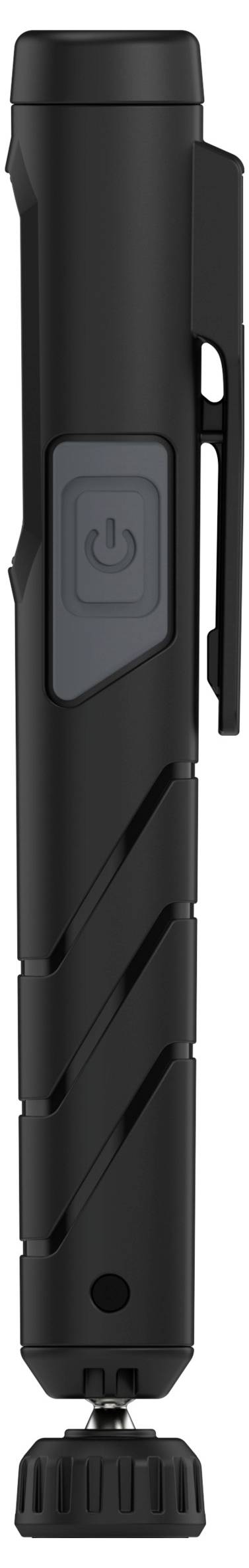 Schwarze, zylindrische Taschenlampe mit Clip und Ein/Aus-Schalter an der Seite.