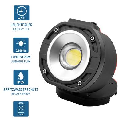 Runde, schwarze LED-Lampe mit Angaben: 4,5 Stunden Leuchtdauer, IP65 spritzwassergeschützt, 215 Lumen Lichtstrom, Li-Ion Akku.