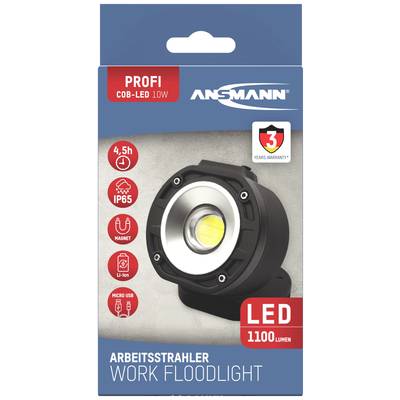Verpackung eines Ansmann Arbeitsstrahlers mit COB-LED, 10W, 1100 Lumen. Merkmale: 4,5h Laufzeit, IP65, Magnet, Micro-USB-Aufladung.