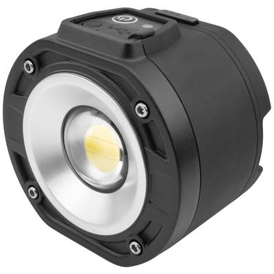 Schwarze kompakte LED-Leuchte mit kreisförmigem Reflektor und gelbem Leuchtmittel, geeignet für mobile oder stationäre Beleuchtung.
