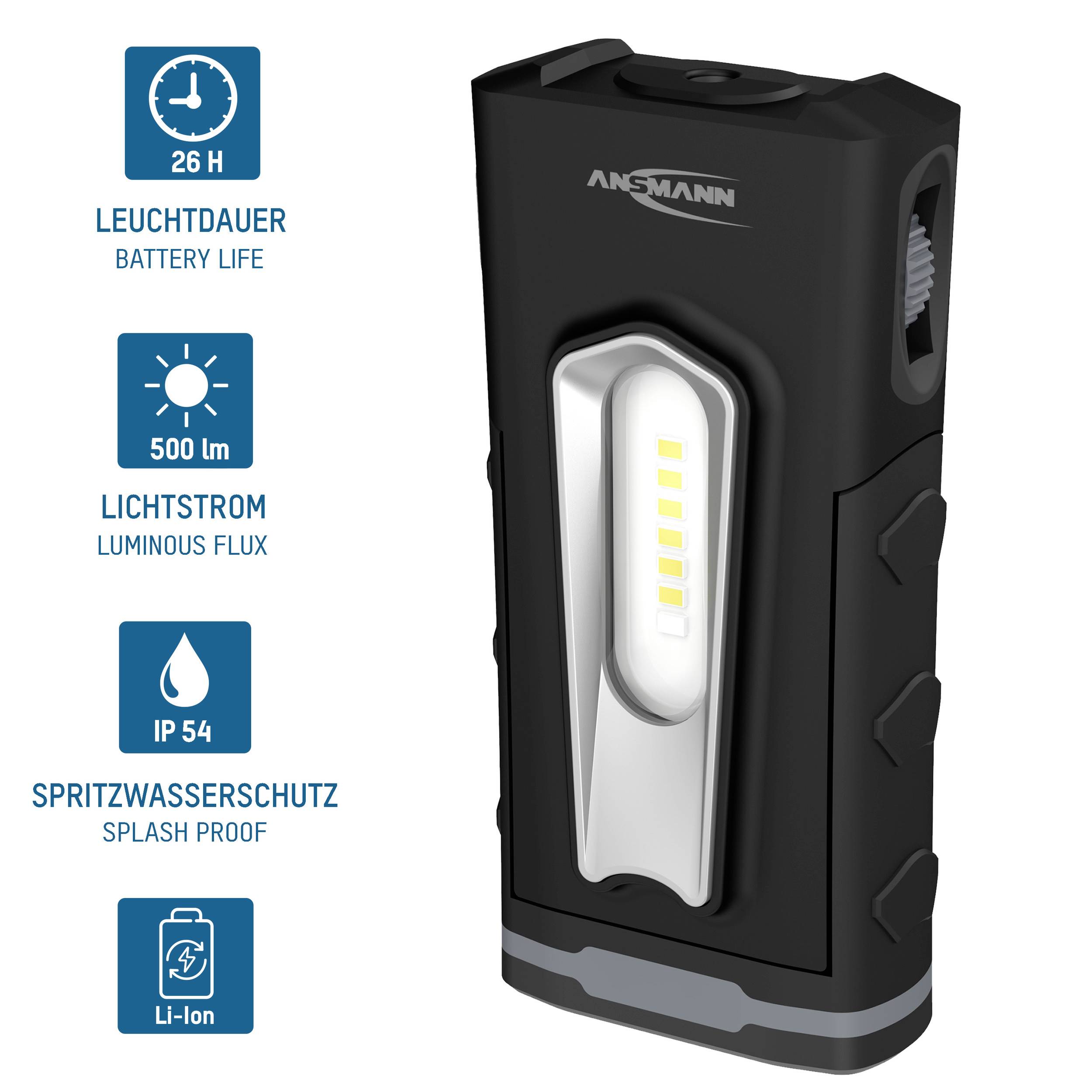 'Taschenlampe mit 26 Stunden Leuchtdauer, 500 lm Lichtstrom, IP 54 Spritzwasserschutz, Li-Ion-Akku.'
