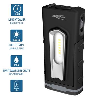 'Taschenlampe mit 26 Stunden Leuchtdauer, 500 lm Lichtstrom, IP 54 Spritzwasserschutz, Li-Ion-Akku.'