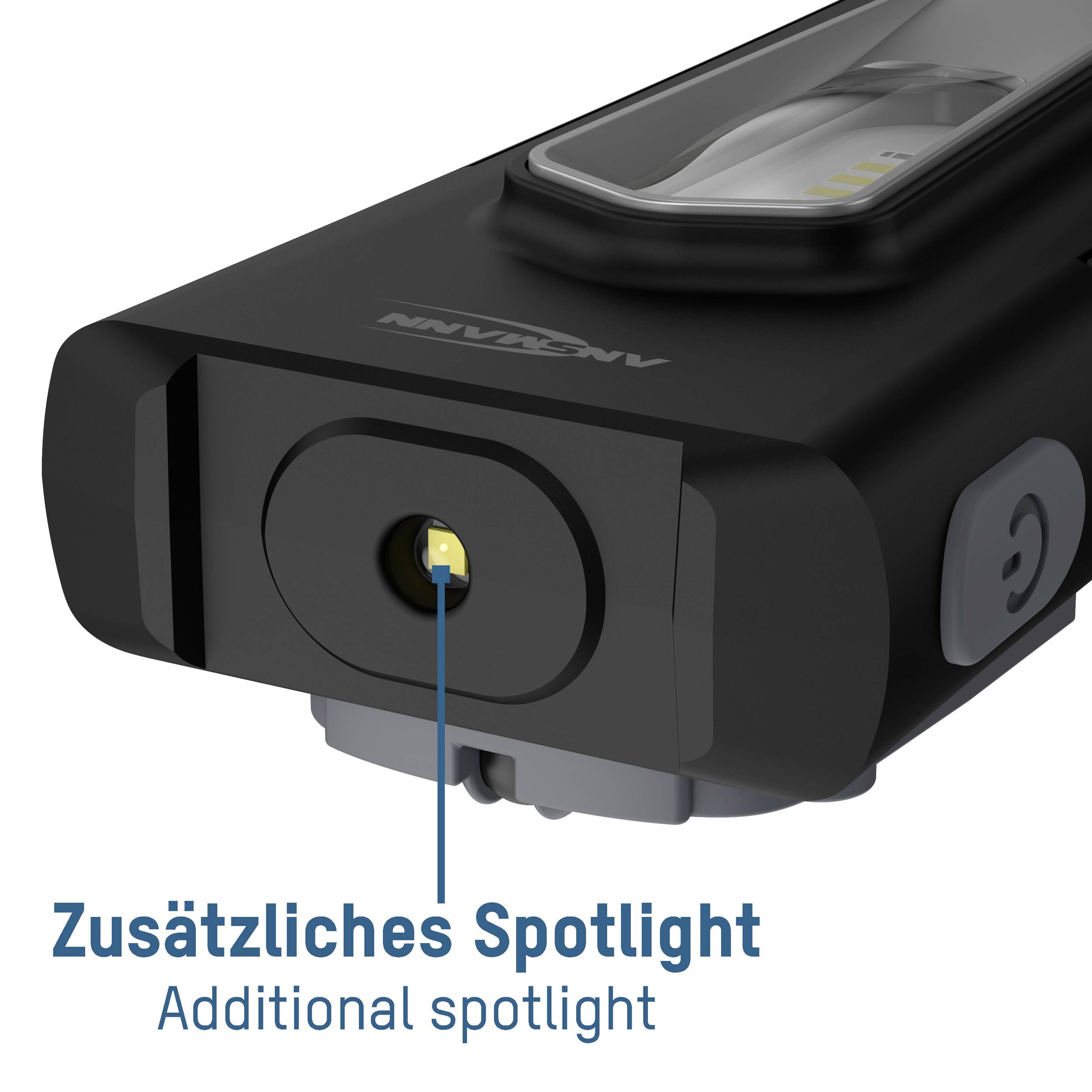 Eine schwarze Taschenlampe mit zusätzlichem gelbem Spotlight auf der Unterseite. Beschriftet: 'Zusätzliches Spotlight'.