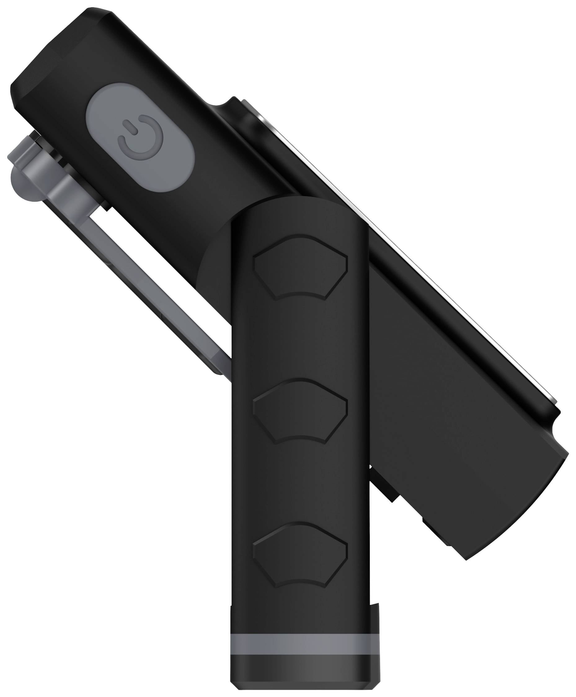 Schwarze Taschenlampe mit drehbarem Kopf, seitlichem Clip und Ein-/Aus-Taste.