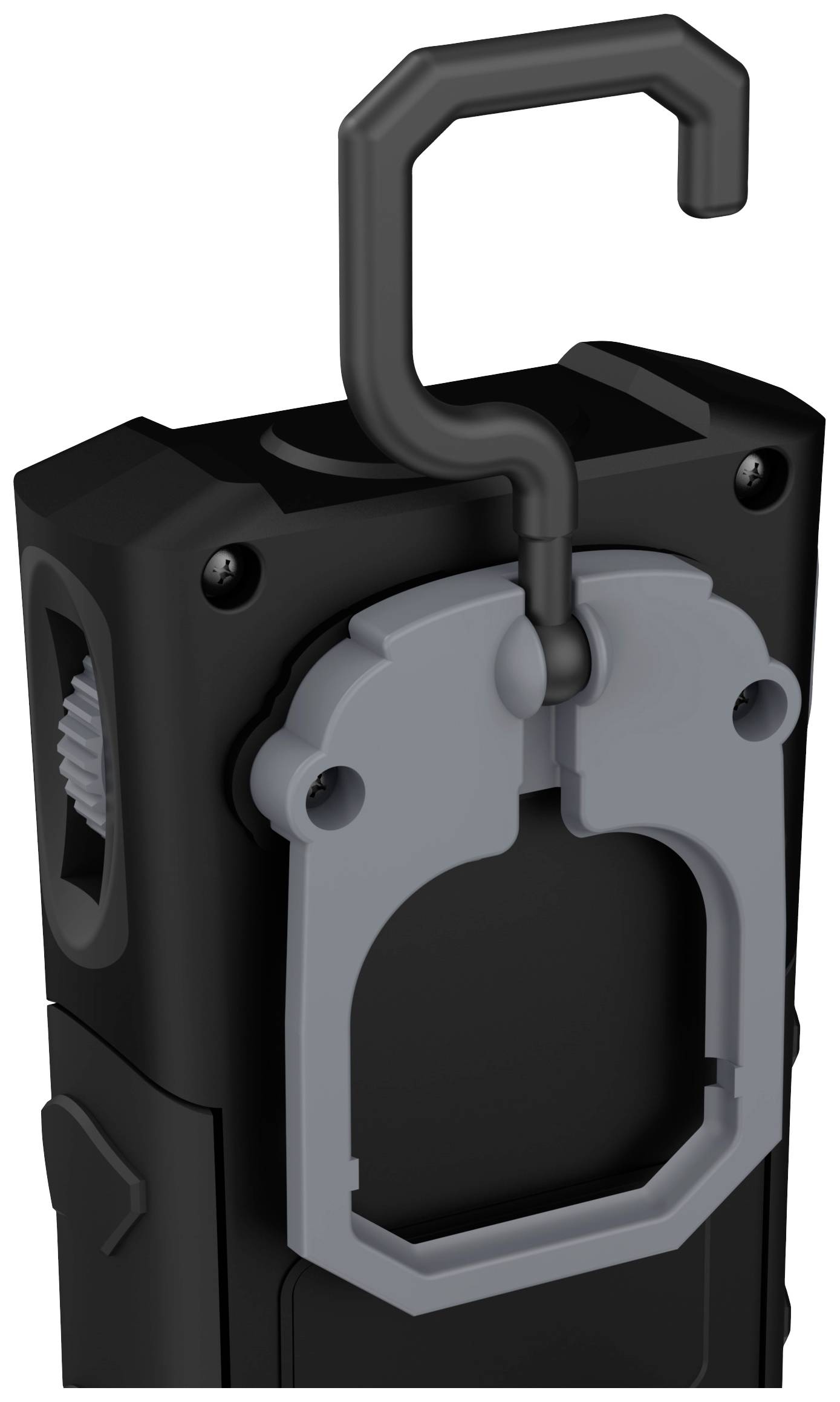 Ein schwarzes Gerät mit einem ausklappbaren Haken an der Oberseite, vermutlich zum Aufhängen oder Tragen gedacht.