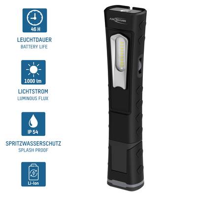 Schwarze LED-Taschenlampe mit Spritzwasserschutz (IP54), Li-Ion Akku, 46 Stunden Leuchtdauer und 100 lm Lichtstrom.