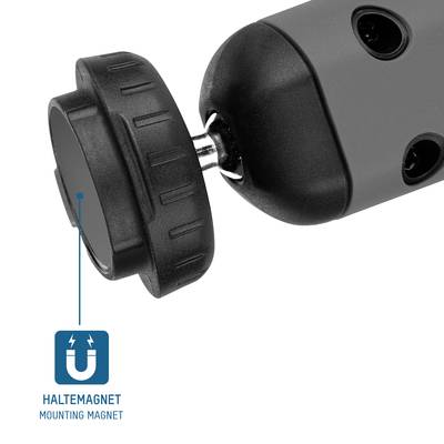 Ein Haltemagnet mit schwarzem zylinderförmigem Gehäuse und aufgesetztem Drehknopf, daneben das Symbol und Text 'Haltemagnet'.